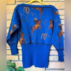 Vintage 80’s Mondi Blue Equestrian Western Boatneck Sweater